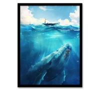 Whale Under Boat Oil Painting Sea Animal Framed Art Print Artery8 Blue W12 inch x H16 inch