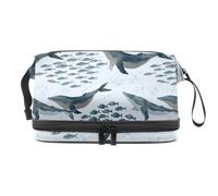 Whales and Groups of Fish Double Layer Cosmetic Bag for Women and Girls, Travel Toiletry Bag Makeup Handy Pouch Organiser Bag with Brush Compartment