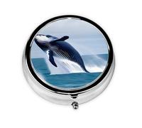 Whales at Sea A Round Mini Pillbox with Three Compartments for Storing Vitamins, Fish Oil, and Nutritional Supplements.