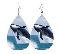 Whales at sea Leather Earring. Stylish teardrop shape, perfect for women, and a great decorative choice for parties and holidays.