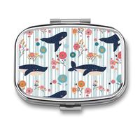 Whales Flowers Japanese Mini Pill Box Portable Vitamins Organizer 2 Compartment Square Pills Case for Pocket Purse