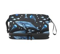 Whales Jellyfish Sperm Whale Narwhal Double Layer Cosmetic Bag for Women and Girls, Travel Toiletry Bag Makeup Handy Pouch Organiser Bag with Brush Compartment