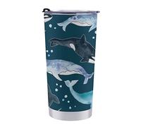 Whales Orcas Narwhals On Navy Travel Mug Reusable Coffee Cup Water Bottle Tumbler With Straw And Lid 20OZ