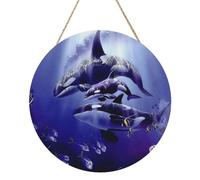 Whales Round Wood Panel Painting 12 Inch Hanging Plaque Rustic Farmhouse Wall Art Home Decor with Rope