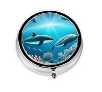 Whales Under The Sea A Round Mini Pillbox with Three Compartments for Storing Vitamins, Fish Oil, and Nutritional Supplements.