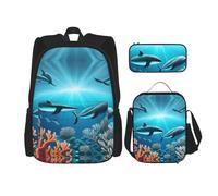 Whales under the sea Backpack set (3-piece set) - student school bag + pencil case + lunch bag, large capacity backpack, Black, One Size, Black, One Size