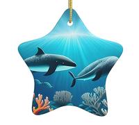 Whales Under The sea Christmas Ceramic Star Pendant with Punched Holes and Gold Wire Rope, Christmas Tree Home Decoration