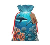 Whales under the sea Linen drawstring gift bag, Christmas, birthday, party gift packaging, easy to wash