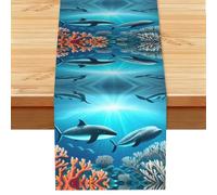 Whales under the sea Linen Look Table Runner 13x72-Wrinkle Resistant Farmhouse Style for Dining Table Decor
