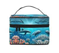 Whales under the sea Multifunctional portable cosmetic bag with internal and external layered design, easy to organize various supplies.