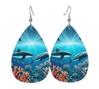 Whales under the sea Patterned leather earrings - Women's earrings, suitable for daily wear, parties, dates, etc.
