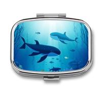 Whales Under The Sea Pill Box 2 Compartment, Portable Pill Case with Mirror for Pocket Purse Travel, Mini Metal Medicine Organizer for Vitamins Fish Oil