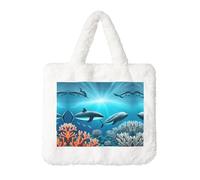 Whales under the sea Plush Handbag: Ladies Fluffy Shoulder Bag - Autumn/Winter Tote Crossbody bag, Coin Pouch Wallet