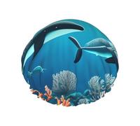 Whales under the sea Print Shower Cap – Double Layer Bath Hair Cap with Elastic Band Lining, Ideal for Home Spa, Hotel, and Travel