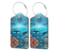 Whales Under The sea Printed Label PU Leather, Suitable for Handbags, Travel Bag Labels, Luggage Labels, Black, 2 Pcs