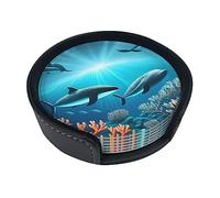 Whales Under The sea Printed Round Leather Coasters (Set of 6) Feature Rich Colors, Unique Patterns and are Easy to use.