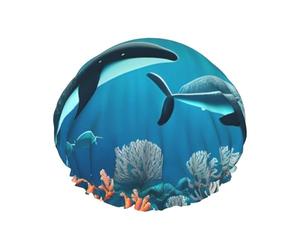 Whales under the sea Printed shower cap, reusable, specially designed for women's long hair, double-layer structure, suitable for bathing.
