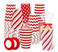 Whaline 100 Pcs Christmas Paper Cups with Cellophane Bags Ribbon Red White Minimalists Dots Stripes Print Disposable Coffee Cups for Candy Popcorn Xmas Birthday Holiday Party Favor Decoration, 16 Oz