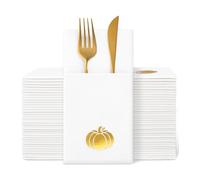 Whaline 100 Pcs Fall Pumpkin Linen Feel Napkins with Built-in Flatware Pocket Gold Foil Pumpkin Disposable Paper Napkins for Thanksgiving Autumn Party Dinner Table Supplies