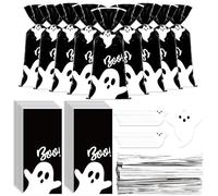 Whaline 100 Pcs Halloween Cellophane Bags with Twist Ties Ghost Shaped Gift Cards Black White Treat Bag Plastic Candy Goodie Bags for Holiday Party Favors Supplies