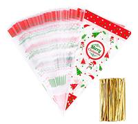 Whaline 100 Pieces Christmas Cello Cone Bag Clear Cello Bag Popcorn Bag with 100 Gold Twist Ties for Christmas Party Festival Favor