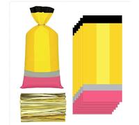 Whaline 100Pcs Back to School Cellophane Bags with Gold Twist Ties Plastic Candy Goodie Bag Yellow Pencil Shaped Cello Gift Bags for First Day of School Birthday Party Favors
