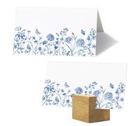 Whaline 100Pcs Blue Floral Place Cards 3.5 x 2 Inch Chinoiserie Flower Tented Cards Seating Cards Blank Table Name Signs for Holiday Buffet Party Table Setting
