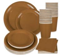 Whaline 100Pcs Brown Tableware Set Fall Disposable Dinnerware Set 50Pcs Paper Plates 25Pcs Napkin 25Pcs Cups for Wedding Birthday Bride Shower Party Supplies Table Decor