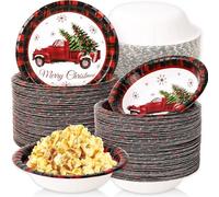 Whaline 100Pcs Christmas Paper Bowls Red Black Plaid Xmas Tree Truck Disposable Serving Bowls Winter Christmas Ice Cream Bowl for Hot Cold Food Party Supplies