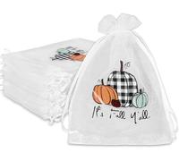 Whaline 100Pcs Fall Organza Bags Drawstring Plaid Orange Cyan Pumpkin Gift Bags Thanksgiving Jewelry Gift Bags Candy Goodie Treat Bags for Autumn Holiday Baby Shower Birthday