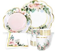 Whaline 100Pcs Floral Paper Plates Cups and Napkins Party Decorations Flower Shaped Gold Foil Disposable Paper Plates Pink Floral Paper Cups and Napkins for Spring Wedding Baby Shower Birthday Party