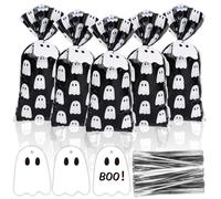 Whaline 100Pcs Halloween Cellophane Bags with Silver Twist Tie and Tags Cute Ghost Black Plastic Goodie Bag Cello Gift Bags for Trick or Treat Birthday Party Supplies