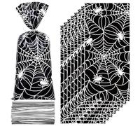 Whaline 100Pcs Halloween Spider Web Cellophane Bag with Silver Twist Tie Spooky Black Spider Plastic Goodie Bag Cello Gift Bags for Trick or Treat Birthday Party Supplies