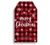 Whaline 100Pcs Merry Christmas Paper Gift Tags with Hemp Rope Red Black Plaid Snowflake Holiday Hanging Labels Xmas Seasonal Wish Labels, Pre-Punched with Holes