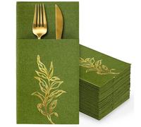 Whaline 100Pcs Olive Green Linen Feel Napkin with Built-in Flatware Pocket Disposable Paper Napkins Gold Foil Leaves Folded Dinner Napkins for Birthday Wedding Party Table Supplies