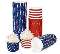 Whaline 100Pcs Patriotic Paper Baking Cups Stripe Red Blue Star Cupcake Wrappers 4th of July Scalloped Edge Cupcake Muffin Cases for Independence Day Dessert Decor
