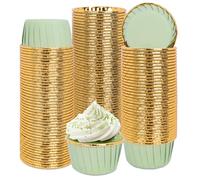 Whaline 100Pcs Sage Green Gold Foil Cupcake Liners Green Baking Cup Foil Metallic Muffin Liners Ramekin Aluminum Cupcake Tip Pan Ramekin Holders for Wedding Bridal Shower Birthday Party Supplies