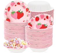 Whaline 100Pcs Strawberry Paper Bowls Pink Red Strawberry Flower Disposable Serving Bowls Cute Ice Cream Bowl for Birthday Baby Shower Party Supplies