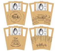 Whaline 100Pcs Thanksgiving Paper Silverware Bags Rustic Fall Botanical Kraft Cutlery Holders Give Thanks Utensil Paper Bag Pocket for Autumn Harvest Dinner Table Decor