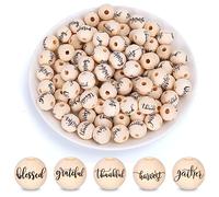 Whaline 100Pcs Thanksgiving Wood Beads Rustic Farmhouse Craft Beads Fall Thankful Grateful Blessed Wooden Spacer Beads Natural Round Beads for Autumn DIY Crafts Making Bracelet Necklaces Home Decor