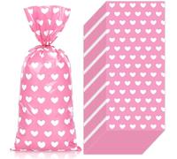 Whaline 100Pcs Valentine's Day Cellophane Treat Bags Party Favor Gift Bag Pink White Heart Candy Goodie Bag with Twist Ties for Wedding Anniversary Birthday Party Supplies