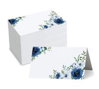 Whaline 100pcs White with Blue Flowers Watercolor Floral Place Cards, 3.5 x 2 Inch, Tented Cards for Buffet Party Table Setting Supplies