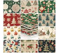 Whaline 10Pcs Christmas Cotton Fabric Bundles Vintage Christmas Tree Snowflake Holly Berries Fat Quarters Xmas Winter Quilting Patchwork for DIY Sewing Craft Decor, 18 x 22 Inch
