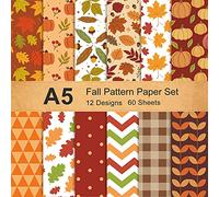 Whaline 12 Designs Autumn Pattern Paper Pack A5 Size Fall Leaves Pumpkin Plaid Waves Craft Paper 60 Sheet Red Brown Double-Sided Origami Paper for Autumn Harvest Thanksgiving Card Making Scrapbook
