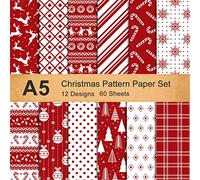 Whaline 12 Designs Christmas Pattern Paper A5 Size 60 Sheet Snowflake Reindeer Christmas Tree Glossy Pattern Paper White Red Decorative Craft Paper Double-Sided Folded Flat for Card Making Scrapbook