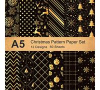 Whaline 12 Designs Christmas Pattern Paper Set A5 Size 60 Sheet Snowflake Reindeer Christmas Tree Glossy Pattern Paper Black Gold Decorative Craft Paper Double-Sided for Card Making Scrapbook
