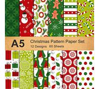 Whaline 12 Designs Christmas Pattern Paper Set A5 Size 60 Sheet Snowman Santa Gingerbread Man Glossy Pattern Paper Green Red Colorful Decorative Craft Paper Double-Sided for Card Making Scrapbook