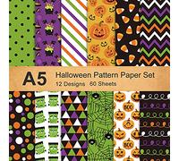 Whaline 12 Designs Halloween Pattern Paper Set A5 Size 60 Sheet Pumpkin Spider Web Monster Origami Paper Green Purple White Black Orange Decorative Craft Paper Double-Sided for Card Making Scrapbook