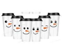 Whaline 12 Pack 16Oz Christmas Reusable Coffee Cups with Lids Cute Snowman Face Plastic Tumbler Coffee Travel Mug for Winter Xmas Party Supplies Hot Cold Drinks