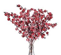 Whaline 12 Pack Artificial Red Berry Picks Christmas Frosted Berry Stems Snow Tipped Berry Branches Christmas Wreath Decoration Supplies for Garland Xmas Tree Craft Table Centerpiece Home Wedding
